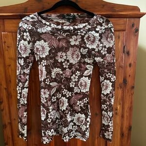 Karen Kane Vintage Y2K Brown pink Cream Floral Long Sleeve Mesh Top size S